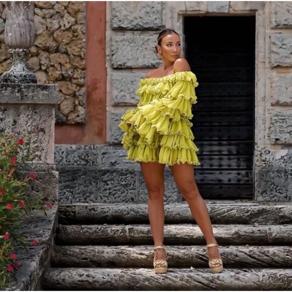By Egreis NWT Ruffle Off-The-Shoulder romper Chartreuse Green whimsical Small - Picture 2 of 7